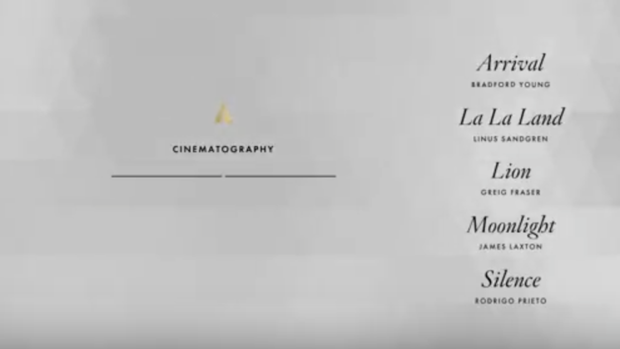 Nominados cinematografía Oscars 2017